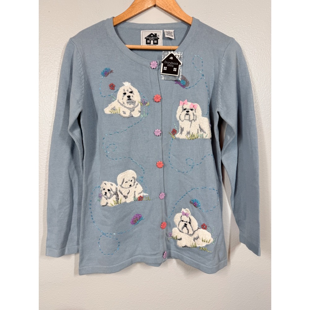 Storybook Knits Cardigan Women's M Blue "Friendly Maltese" Dog Embroidered Beads